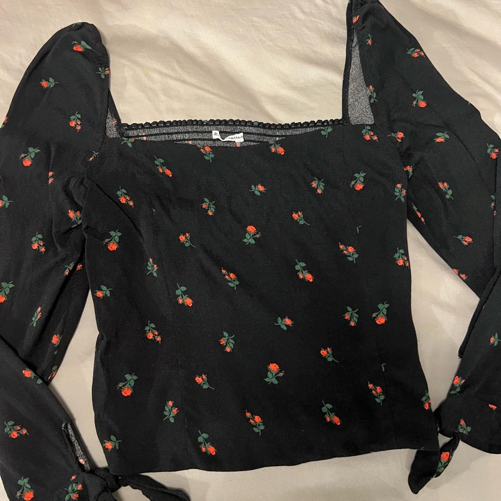 Reformation Black Square-Neck Floral Blouse with Red and Green Print